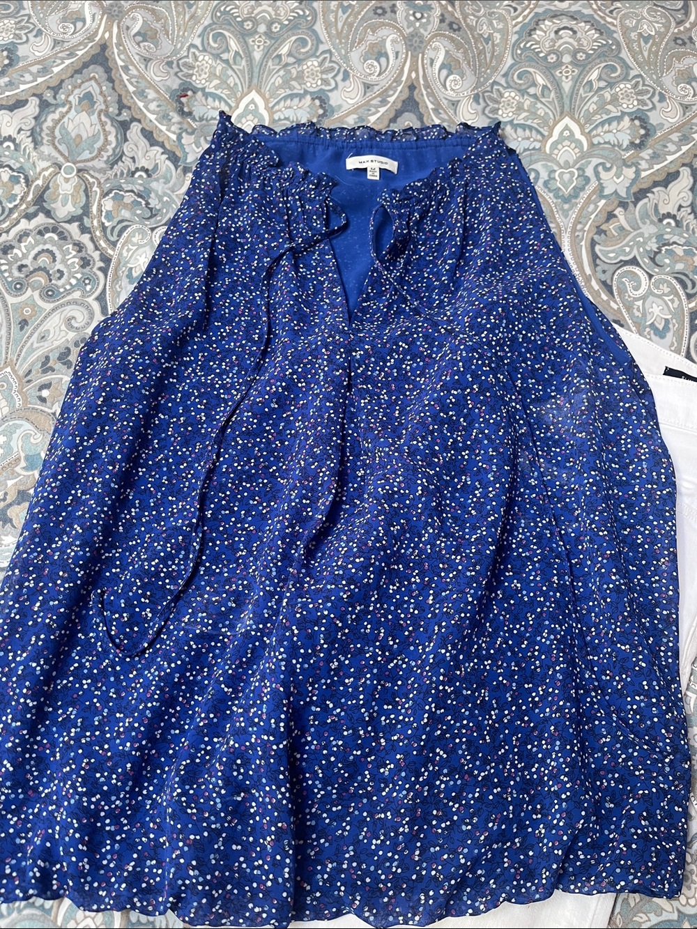 Max Studio Royal Blue Speckled Ruffle Tie-Neck Top